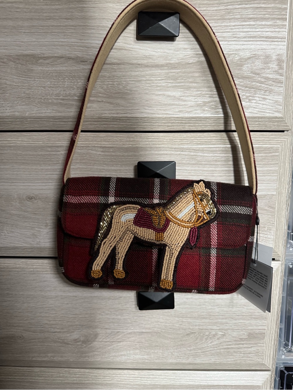 Womens Red Plaid Shoulder Bag with Beaded Horse Applique